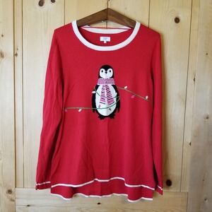 Crown & Ivy Cotton Scoop Neck Red Penguin Pull-On Lightweight Holiday Sweater